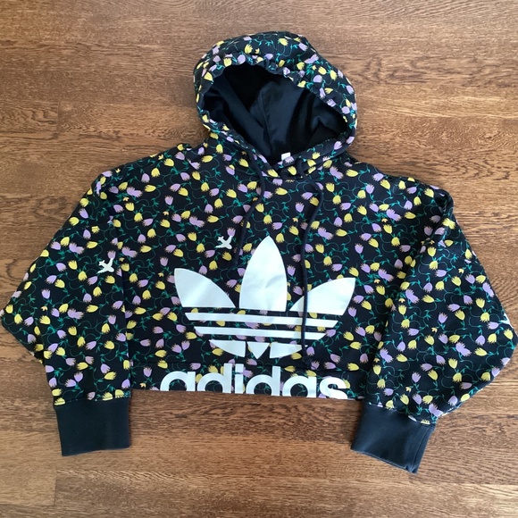 Adidas Originals Colorful Floral Patterned Cropped Hoodie Hooded Sweatshirt Top - Picture 10 of 12